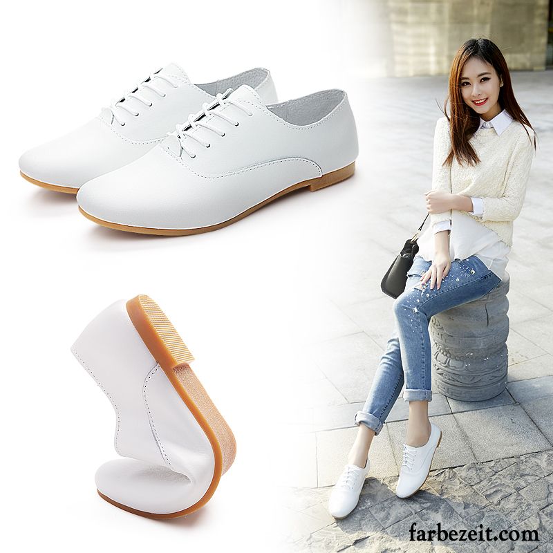 Schuhe Große Größen Damen Allgleiches Flache Schuhe Schnürschuhe Feder Schnürung Casual Oxford Weiß Lederschuhe Günstig