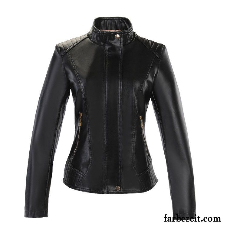 Schwarze Lederjacke Mit Weissen Punkten Überzieher Kurzer Absatz Herbst Winter Neu Schwarz Lederjacke Damen Günstig