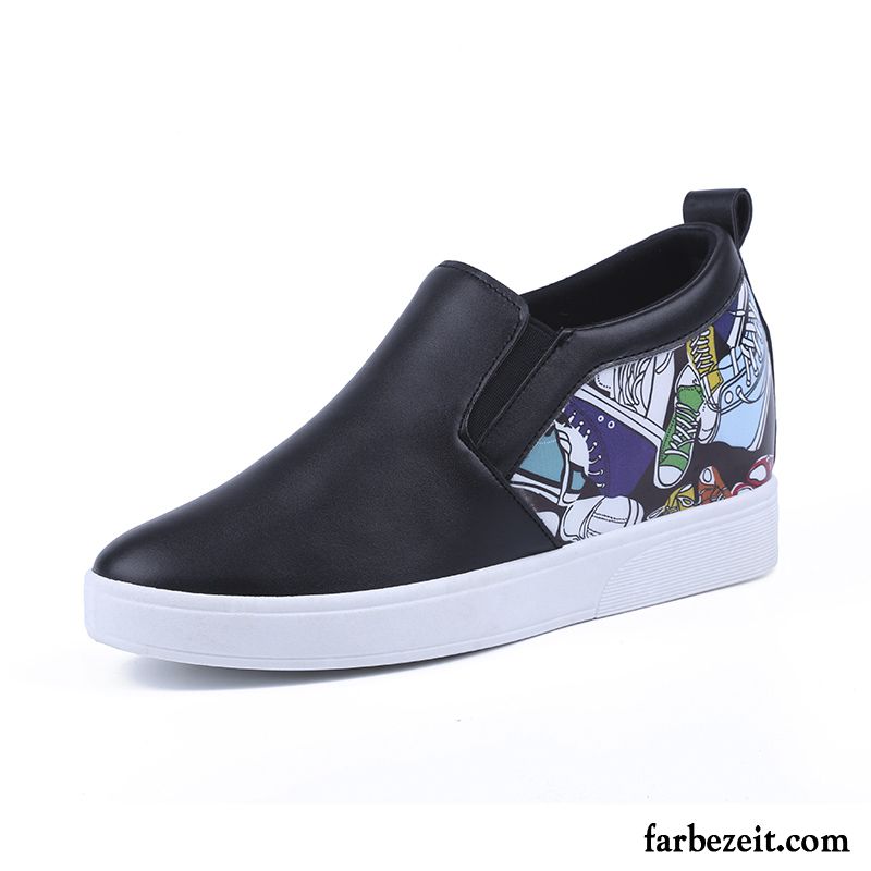 Schwarze Schnürschuhe Damen Slip-on Graffiti Neue Leder Drucken Casual Schüler Schuhe Feder Erhöht Faul Halbschuhe Billig