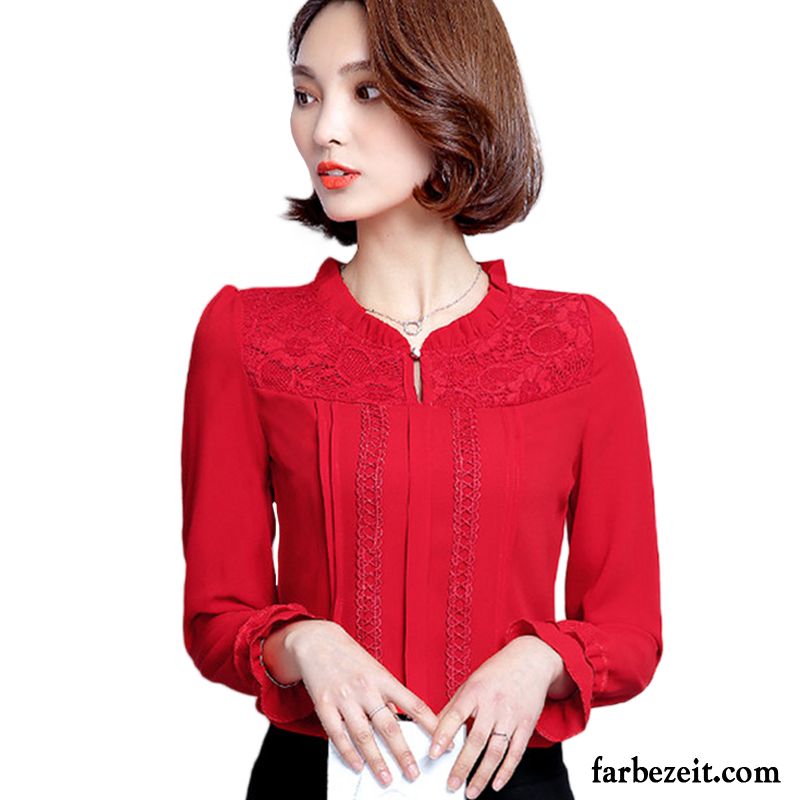 Shirt Bluse Damen Mantel Blusen Allgleiches Spitze Rote Lange Ärmel Chiffon Stehkragen Lose Neu Dünn Herbst Unteres Hemd Günstig