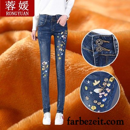 Skinny Jeans Damen Zerrissen Warme Verdickung Hose Neu Jeans Hohe Taille Winter Dünn Trend Bleistift Hose Schmales Bein Plus Samt Stickerei Sale