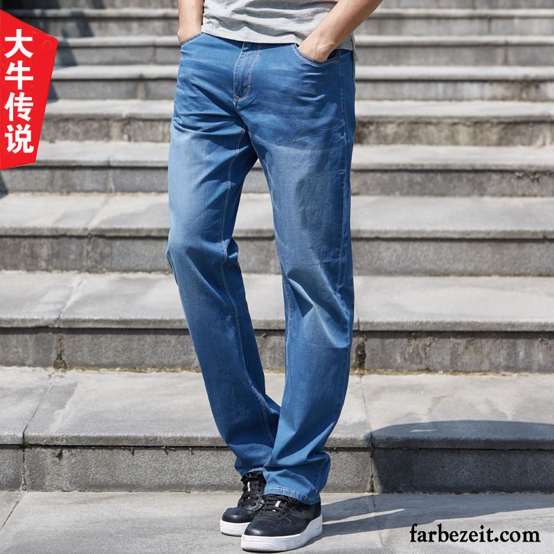 Skinny Low Jeans Herren Gerade Weites Bein Blau Herbst Jeans Elastisch Groß Lose Freizeit Große Größe Winter