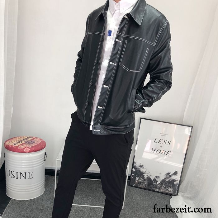 Slim Fit Herren Lederjacke Herbst Leder Trend Lederjacke Kleider Schlank Motorradanzüge Schwarz Revers Modisch Überzieher Günstig