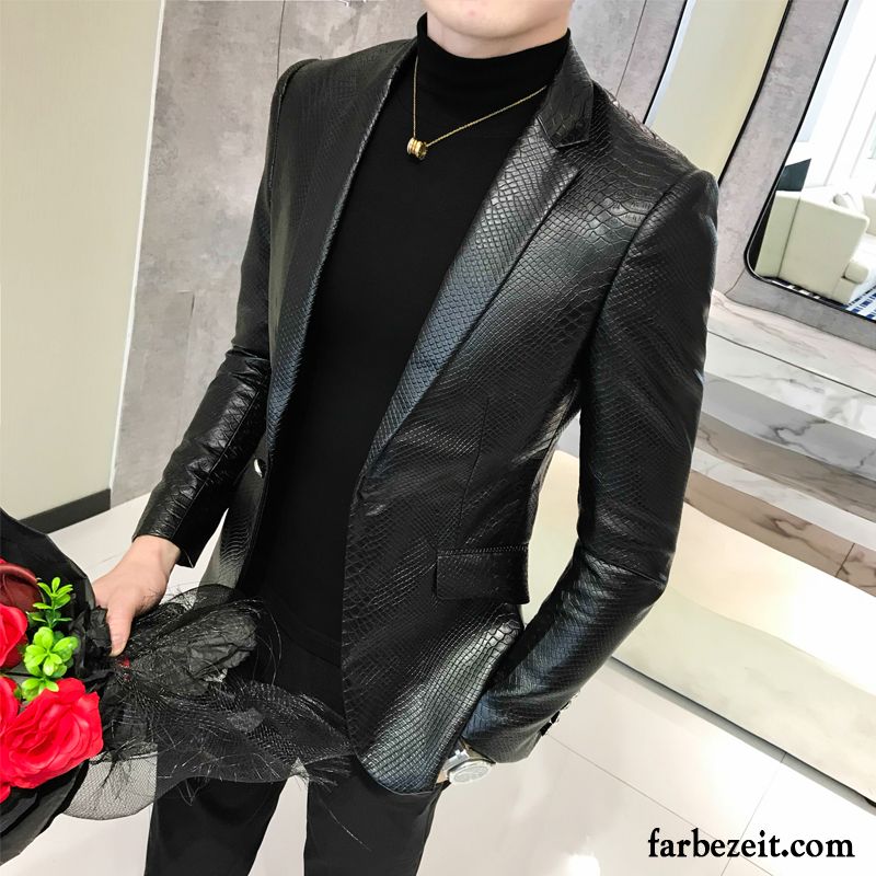 Slim Fit Herrenlederjacke Lederjacke Schlank Schwarz Herbst Neu Trend Überzieher Revers Anzüg Kostüm Freizeit Herren