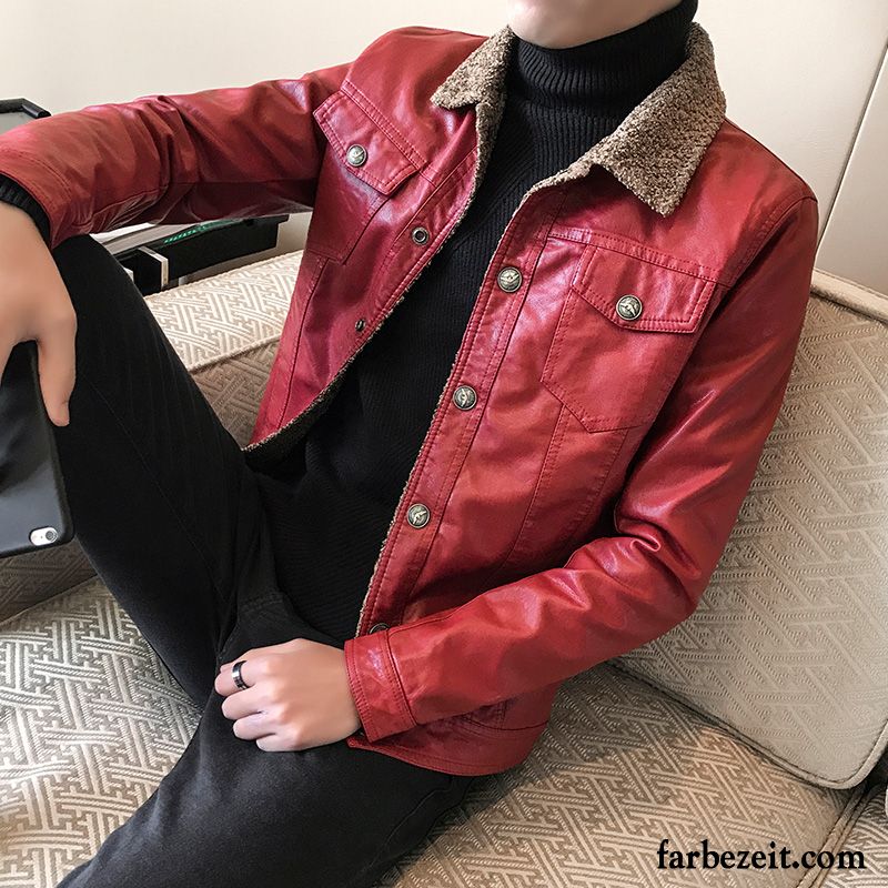 Slim Fit Herrenlederjacke Lederjacke Überzieher Rote Herren Pelz Kragen Jugend Trend Herbst Winter Persönlichkeit Schlank