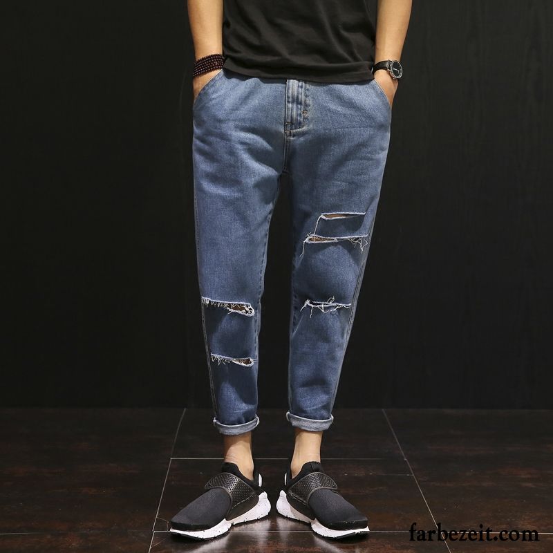 Billige Jeans Herren Lose Große Größe Blau Trend Sommer Löcher Neunte Hose Schmales Bein Harlan Jeans Sale