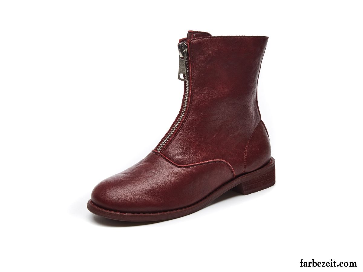 Stiefel Damen Flache Herbst Dick England Kurze Stiefel Neue Rot