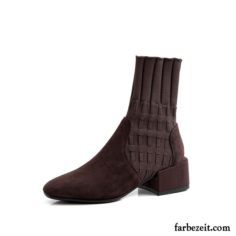 Stiefel Damen Vierkantkopf Winter Kurze Stiefel Herbst Dick Elastizität Schwarz Braun Rot