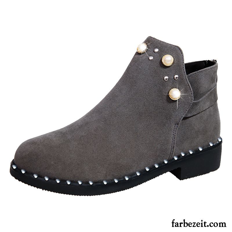 Stiefel Damen Wildleder England Mode Herbst Runde Zehe Grau