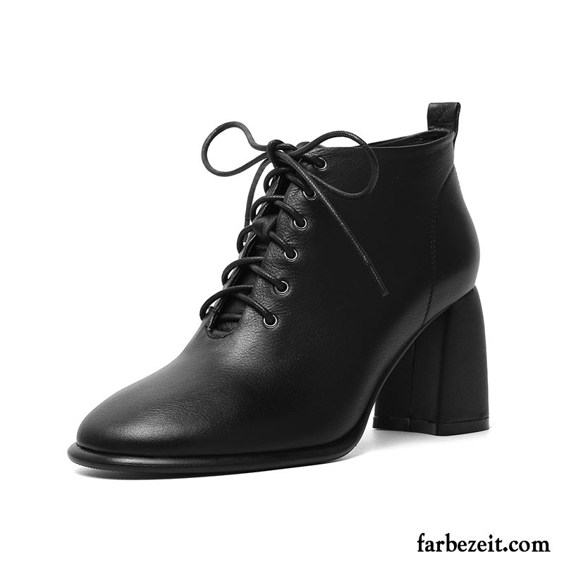 Stiefel Damen Winter Herbst Dick Neue Schnürung Leder Schwarz