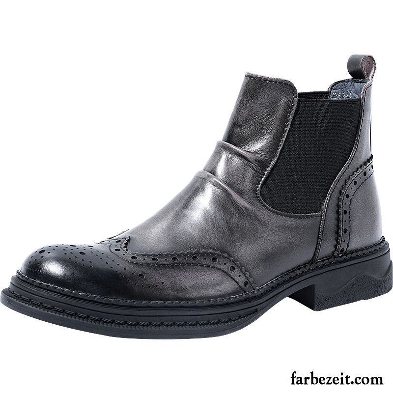 Stiefel Herren Leder Hohe Schuhe Trend Herbst Dicke Sohle Grau