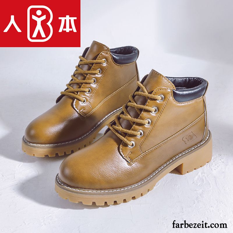 Stiefeletten Braun Leder Damen Herbst Casual Martin Stiehlt Schnürung Thermische Flache Plus Samt Retro Winter Günstig