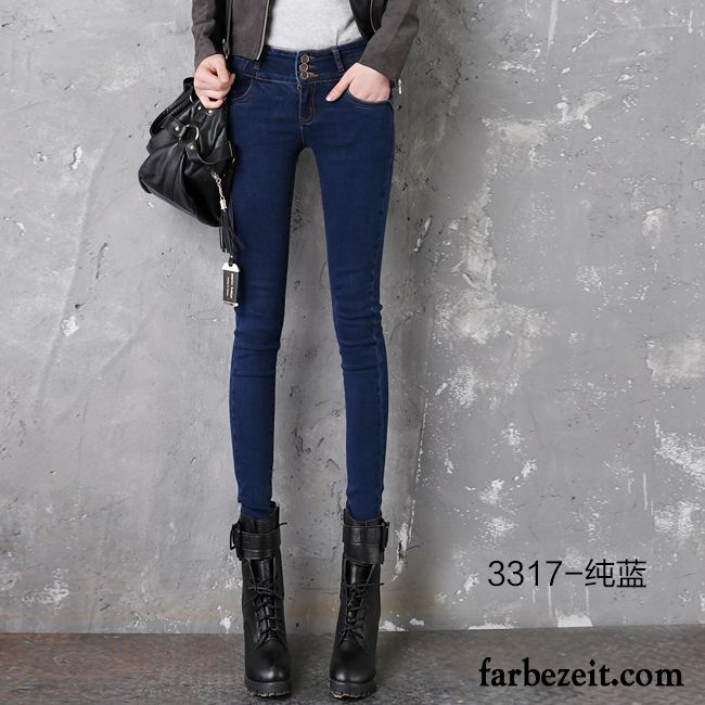 Straight Fit Jeans Damen Neu Hohe Taille Bleistift Hose Dünn Schwarz Trend Winter Jeans Plus Samt Günstig