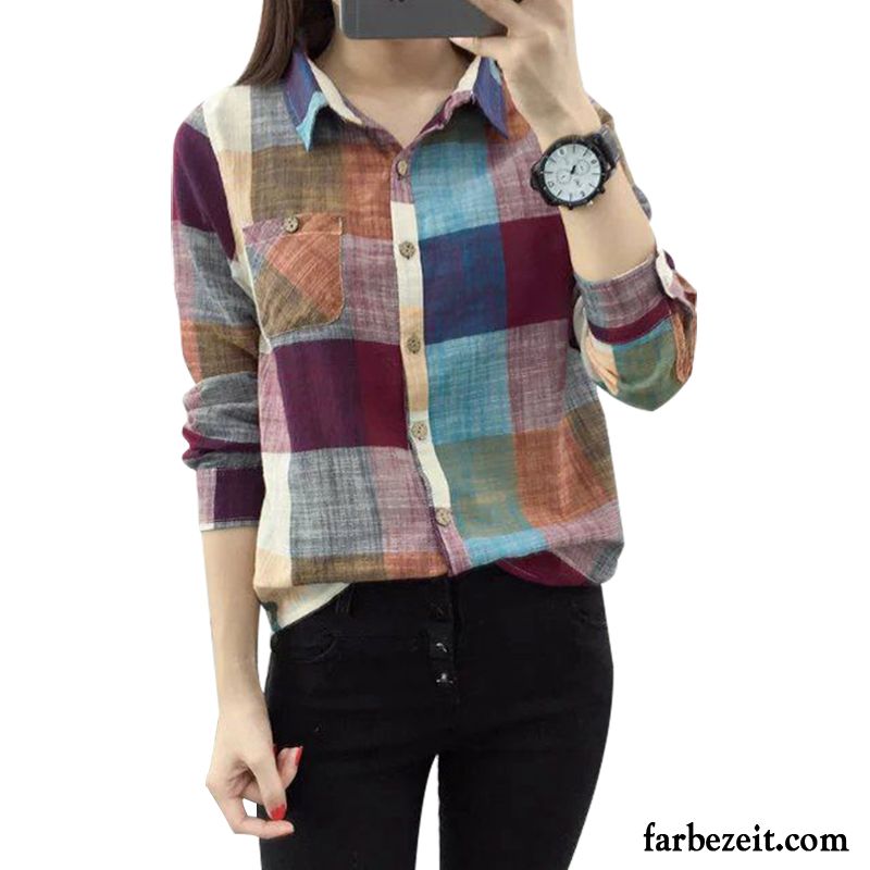 Stretch Bluse Damen Dunkel Rein Schüler Gitter Frisch Trend Lange Ärmel Groß Blusen Lose Mode Allgleiches Unteres Hemd Baumwolle Mehrfarbig Günstig