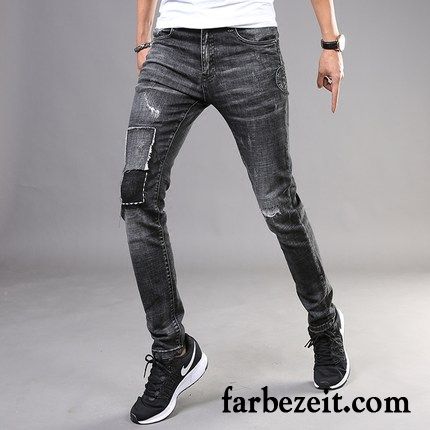 Stretch Jeans Herren Dünn Trend Sommer Schmales Bein Freizeit Löcher Schlank Hose Jeans Billig