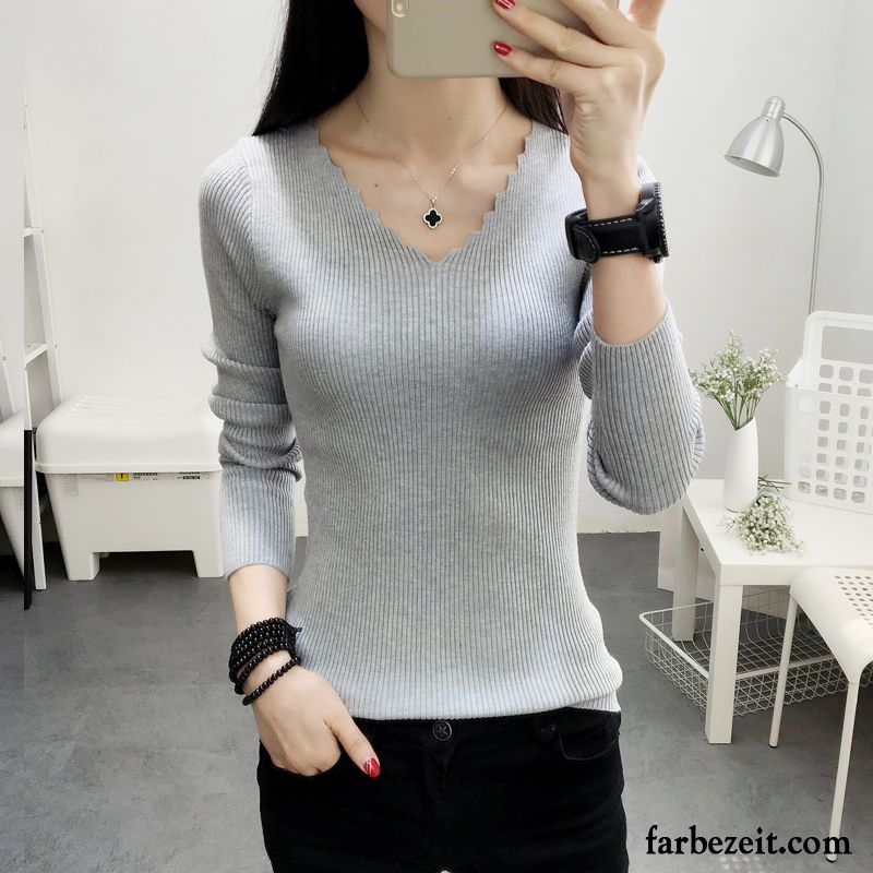 Strickpullover Kurzarm Damen Pullover Elastisch Schlank Lange Ärmel Strickwaren Kurzer Absatz Grau Rein Unteres Hemd Allgleiches Fest Günstig