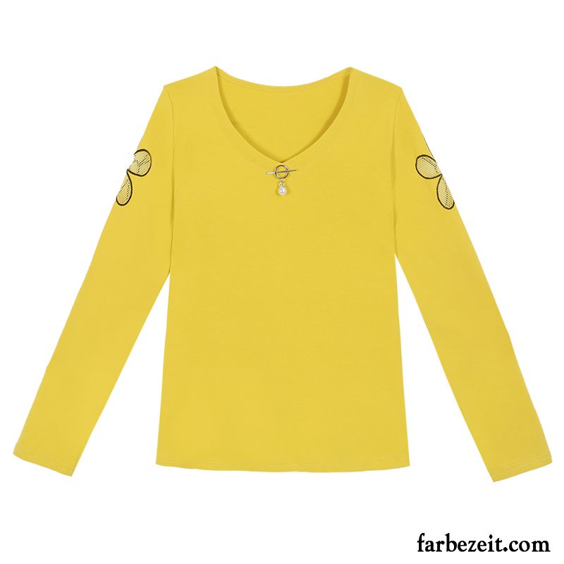 T-shirts Damen Neu Feder Allgleiches Unteres Hemd Lange Ärmel Mantel Weiß Gelb