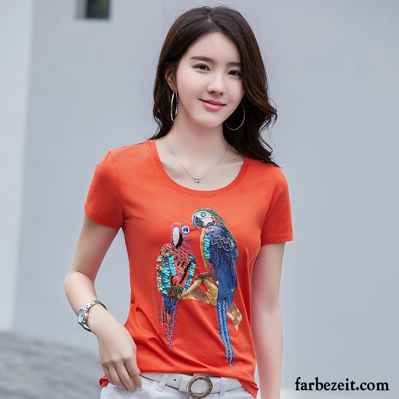 T-shirts Damen Schlank Rein Unteres Hemd Neu Paillette Sommer Orange