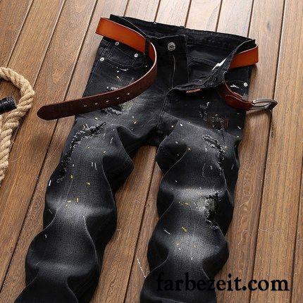 Weiße Hose Herren Skinny Schlank Grau Schwarz Ausgefranst Jeans Hose Trend Elastisch Löcher Lange Persönlichkeit Graffiti Billig