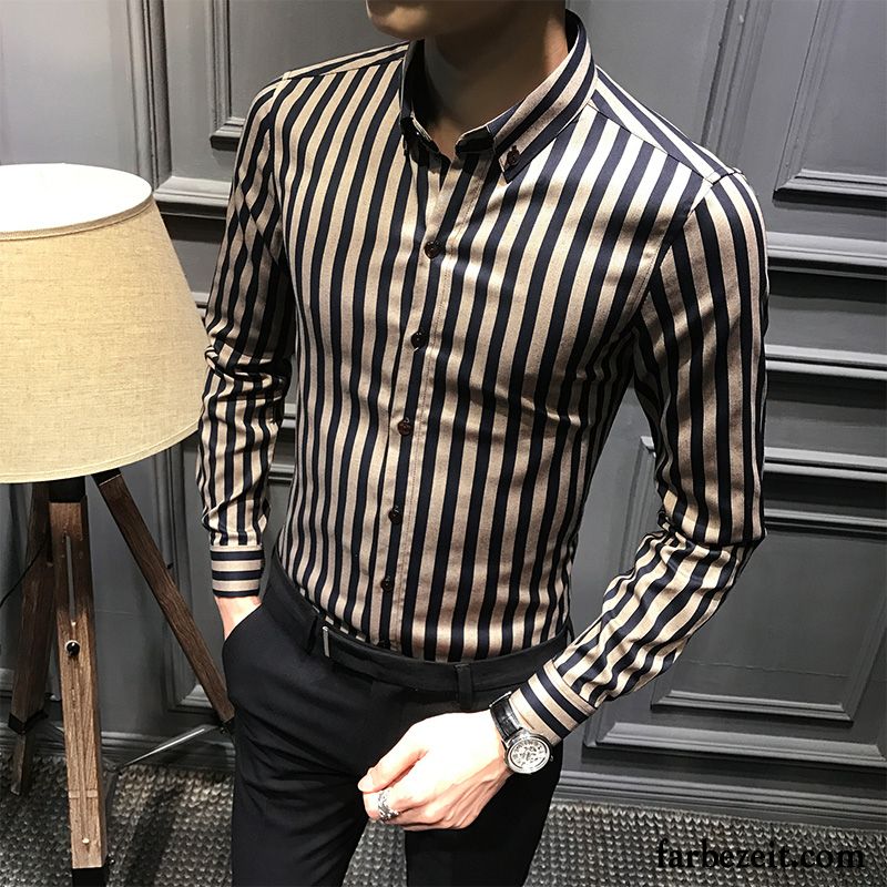 Weißes Hemd Slim Fit Schlank Herbst Streifen Herren Freizeit Allgleiches Trend Groß Lange Ärmel Hemden Billig