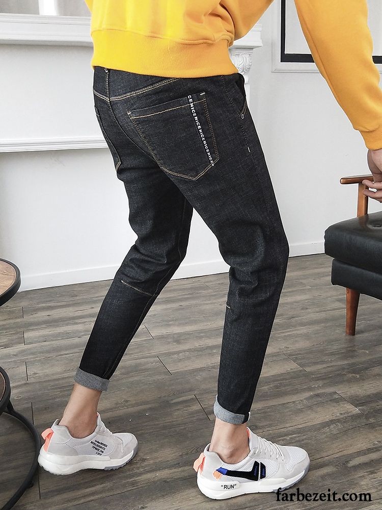 Stretch Jeans Herren Schwarz Herbst Neunte Hose Jugend Jeans Trend Allgleiches Schwarz Schlank Dünn Billig