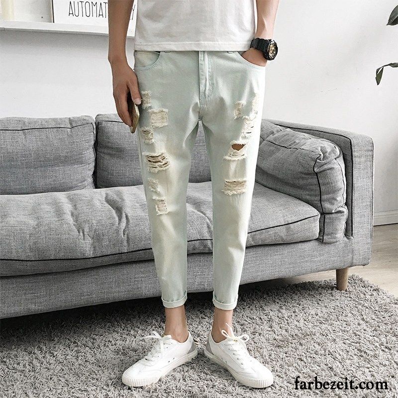 Jeans Herren Schwarz Neu Waschen Hose Löcher Hell Schmales Bein Schlank Neunte Hose Grau Jeans Allgleiches Trend Kaufen