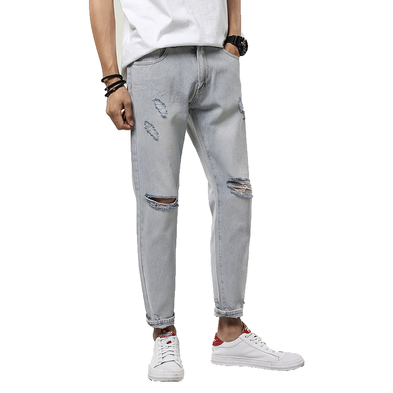 Stretch Hosen Herren Hose Jeans Neunte Hose Trend Löcher Blau Licht Lange Allgleiches